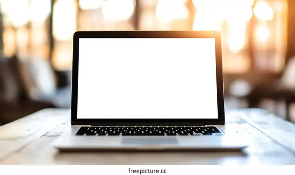 Laptop with blank screen on wooden table