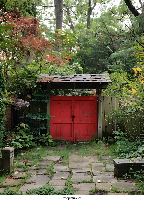 Red Wooden Gate in a Lush Garden