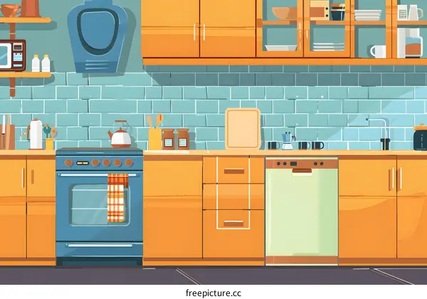 Cartoon Illustration of a Modern Kitchen with Orange Cabinets