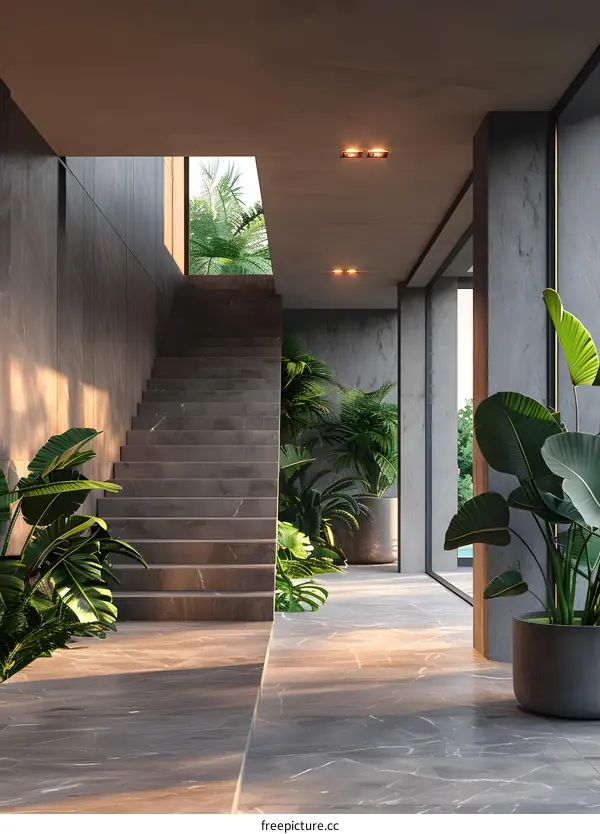 Staircase in a modern house with lots of plants