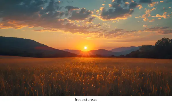 Golden Sunset Over a Field With Mountains
