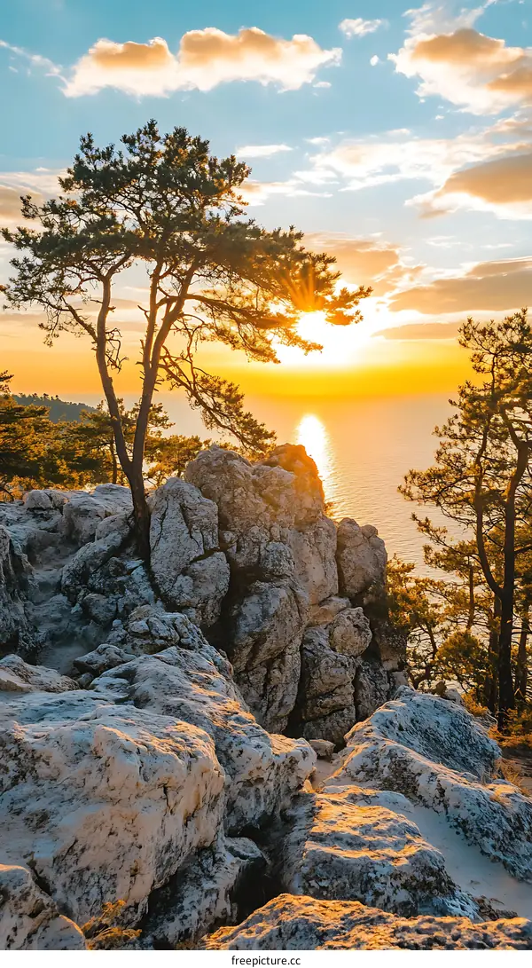 Scenic Sunset View Over The Ocean From Rocky Cliff