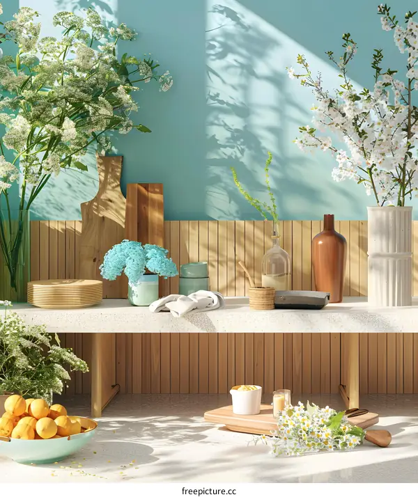 Summer Kitchen Interior Design with White Flowers and Wooden Accents