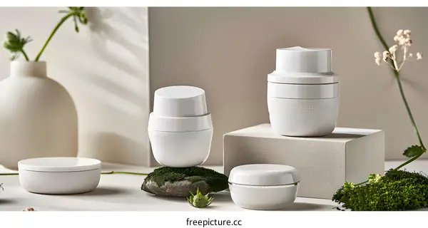White Ceramic Containers with Green Moss and Flowers