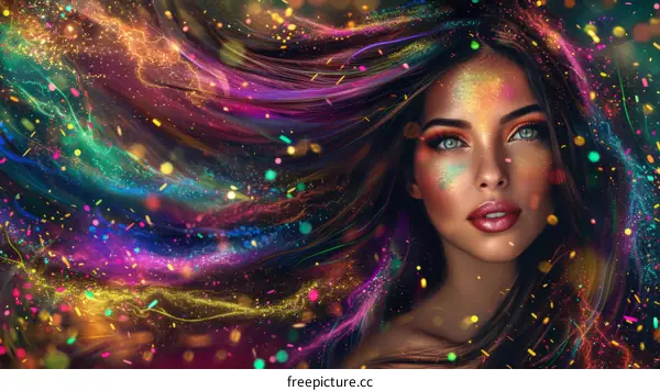 Sparkling Woman with Rainbow Hair and Confetti
