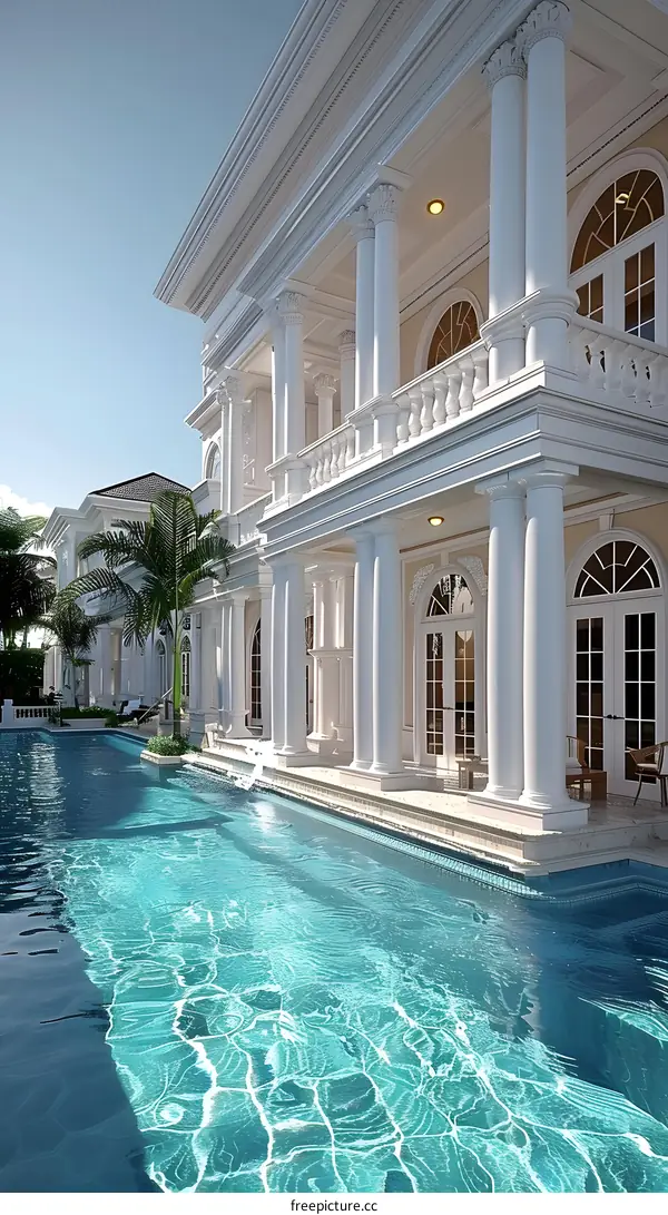 Large white mansion with pool