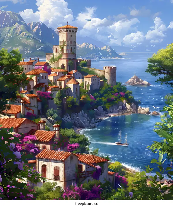 Coastal Town with Castle and Mountains in a Fantasy Setting