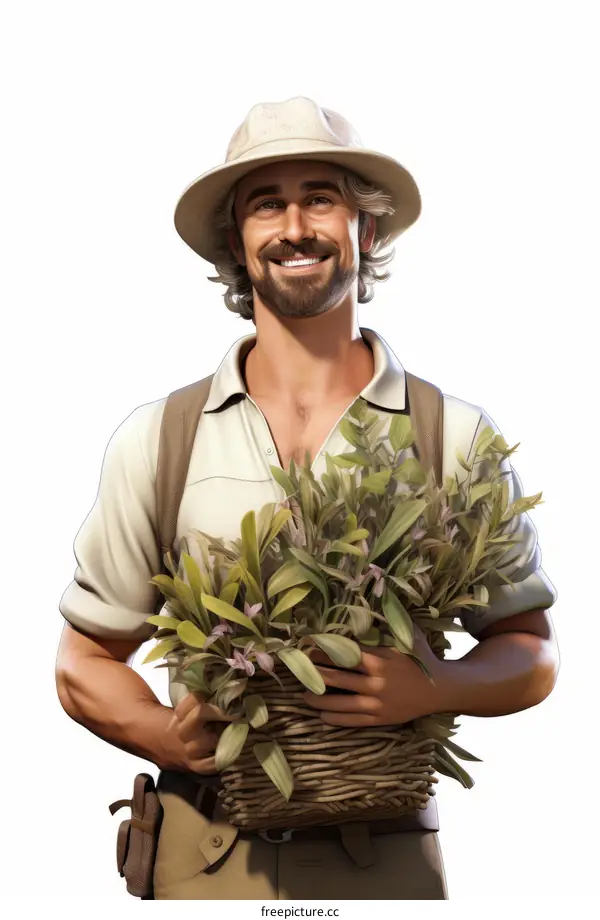 Caucasian male botanist holding a basket filled with tropical plants