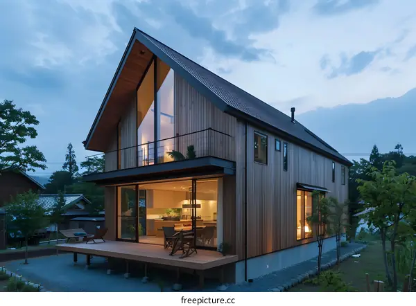 Modern Japanese Style House with Wooden Siding and Large Windows