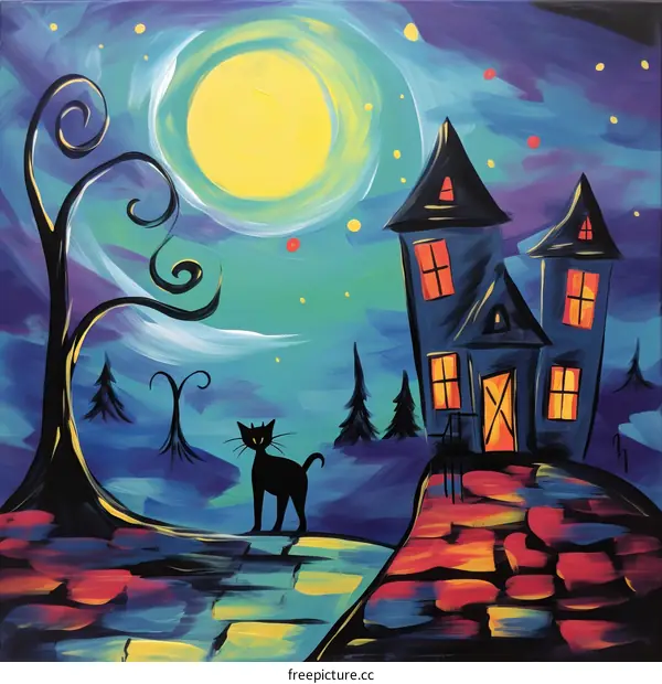 Spooky Halloween Night: Black Cat and Haunted House Under Moonlight