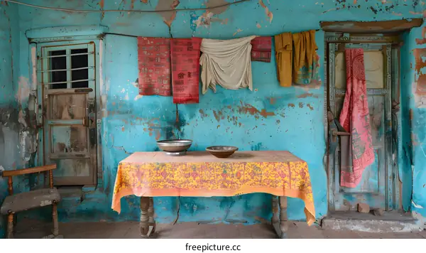 A table with two bowls on it in front of a blue wall with two doors and a window