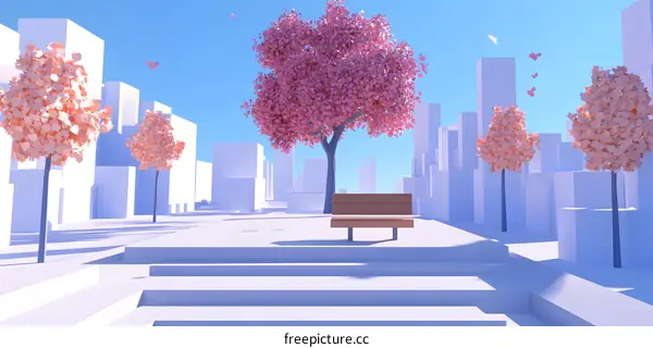 Minimalist City Park with Pink Trees and Bench