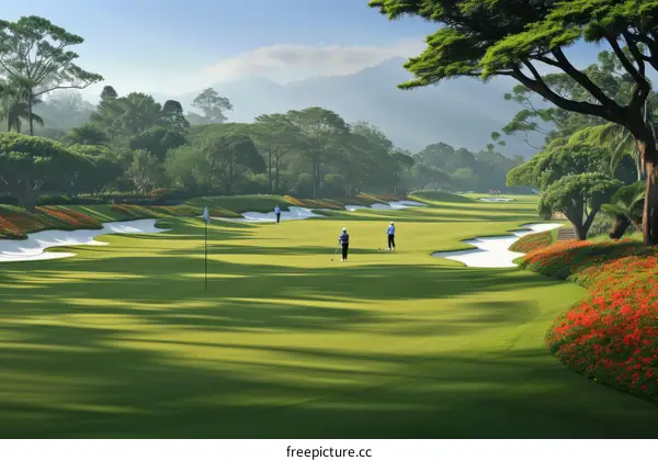 Three Golfers on a Championship Golf Course Surrounded by Trees