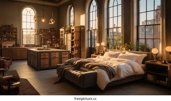 Cozy Loft Apartment with a Large Window and a Bed