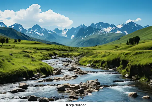 Serene Valley River with Snow-Capped Mountains