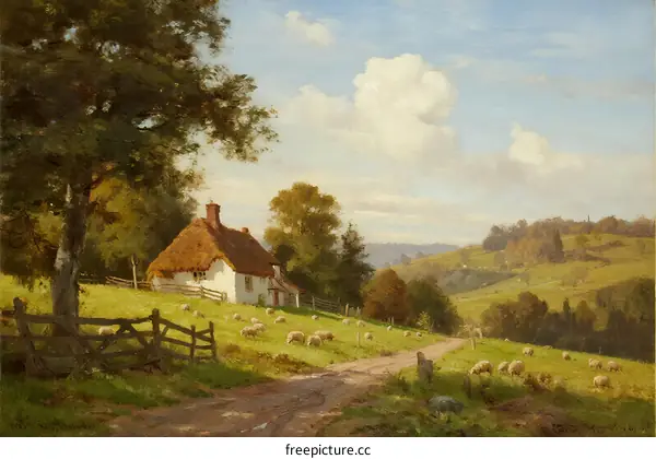 A Thatched Cottage Amid Rolling Green Hills Under a Blue Sky
