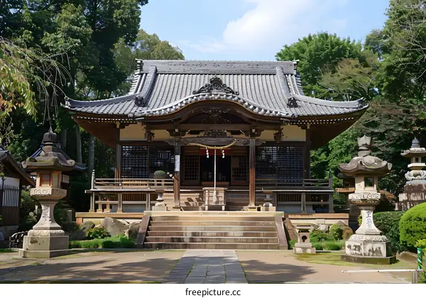 Japanese temple with stone lanterns and trees