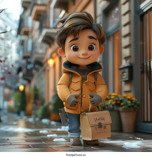 A Delivery Boy Carries a Package in a Cold Snowy Town
