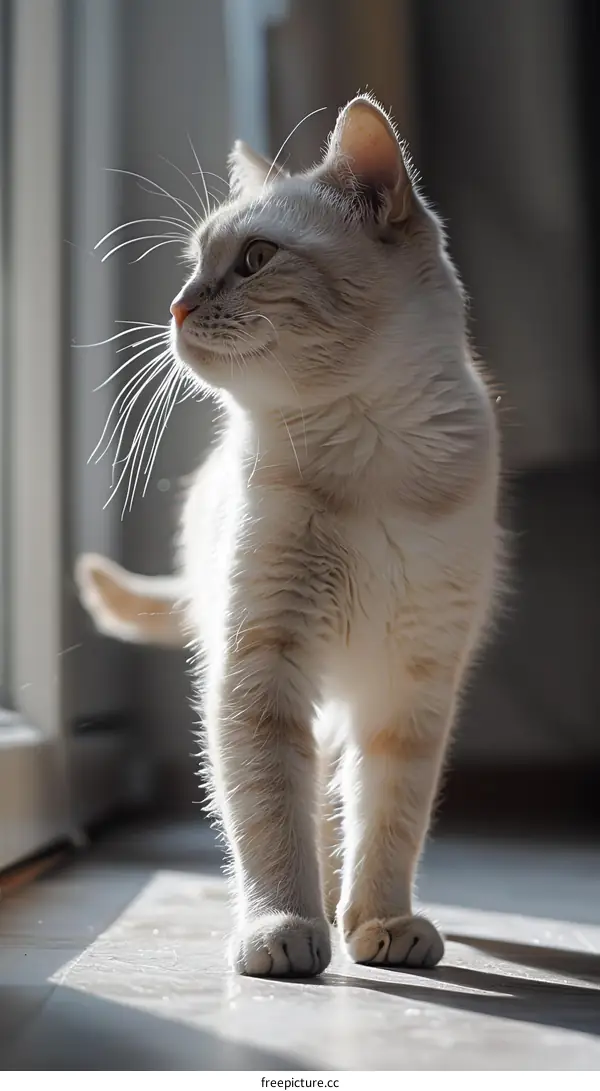 A ginger cat is standing on the floor in the sunlight