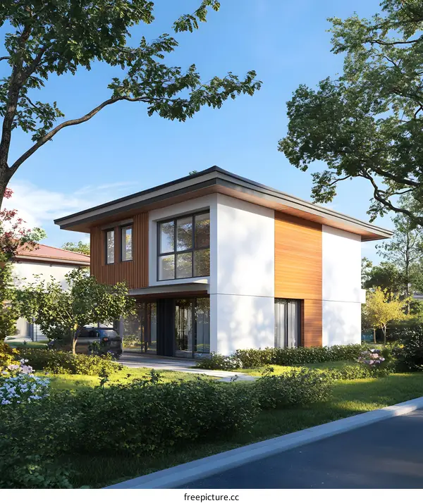 Modern House Design With Wood Accents And Green Landscaping