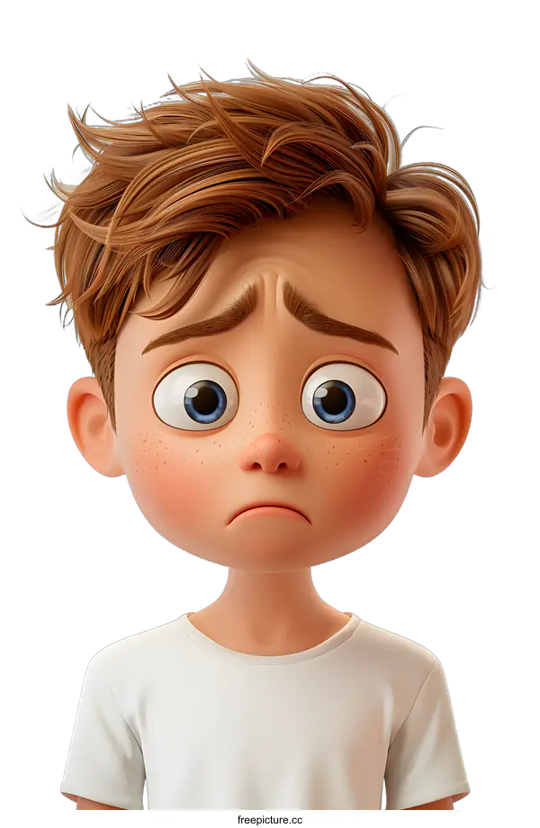 [Transparent Background PNG]Sad Cartoon Boy with Brown Hair and White Shirt