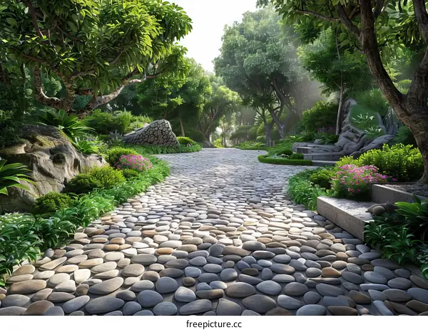 Serene Garden Path with Sunlit Greenery