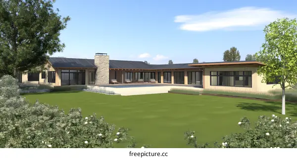 Modern House with Pool and Green Grass