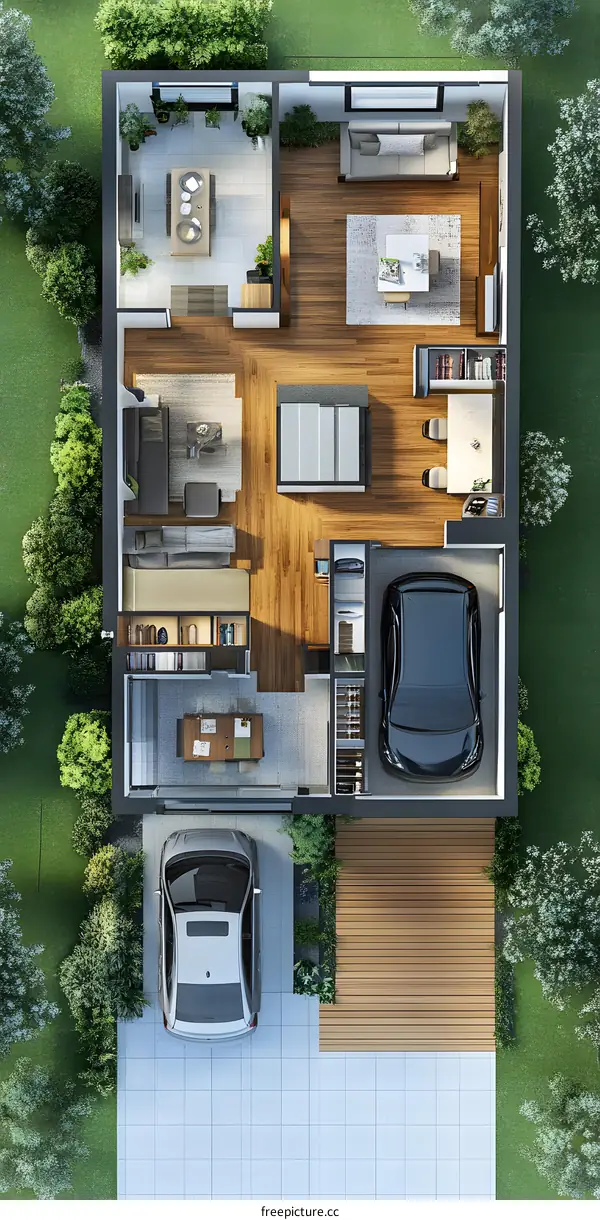 Modern Home Floor Plan with Two Cars in Garage