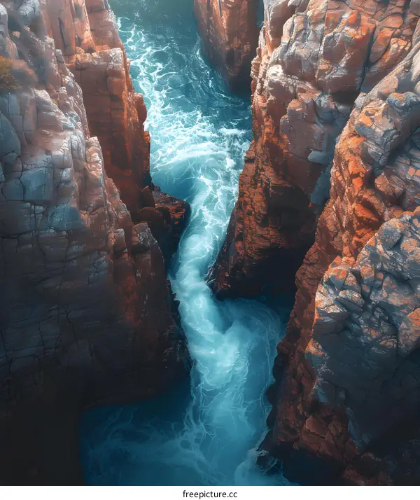 Aerial View of Ocean Water Flowing Through a Narrow Gap Between Two Cliffs