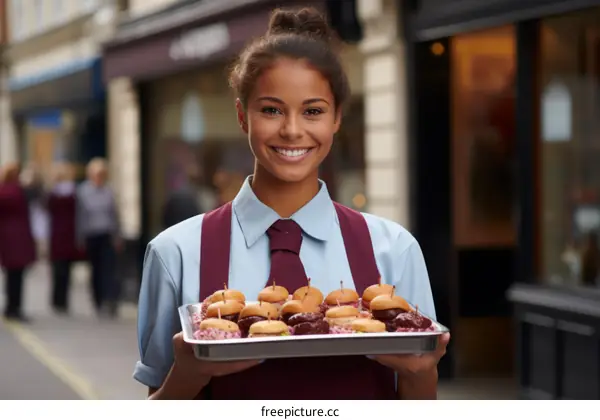 A smiling young woman holding a tray of food.