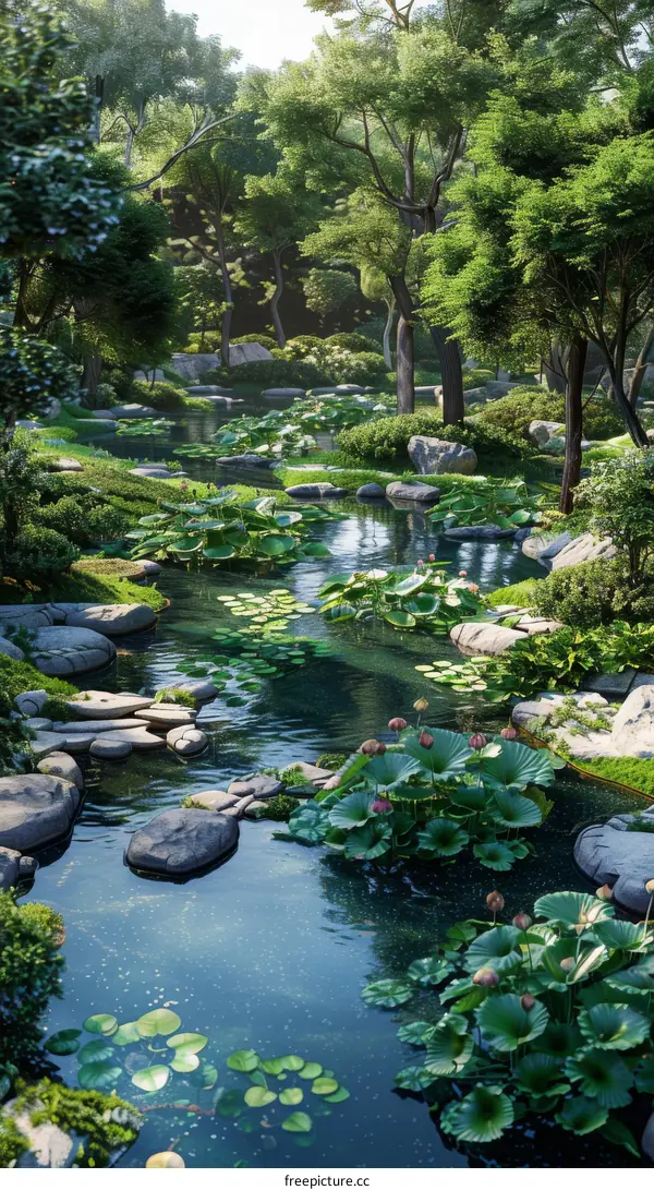 A Lush Green Forest Flows Around a Serene Pond