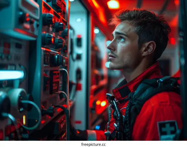 paramedic checking medical equipment in ambulance