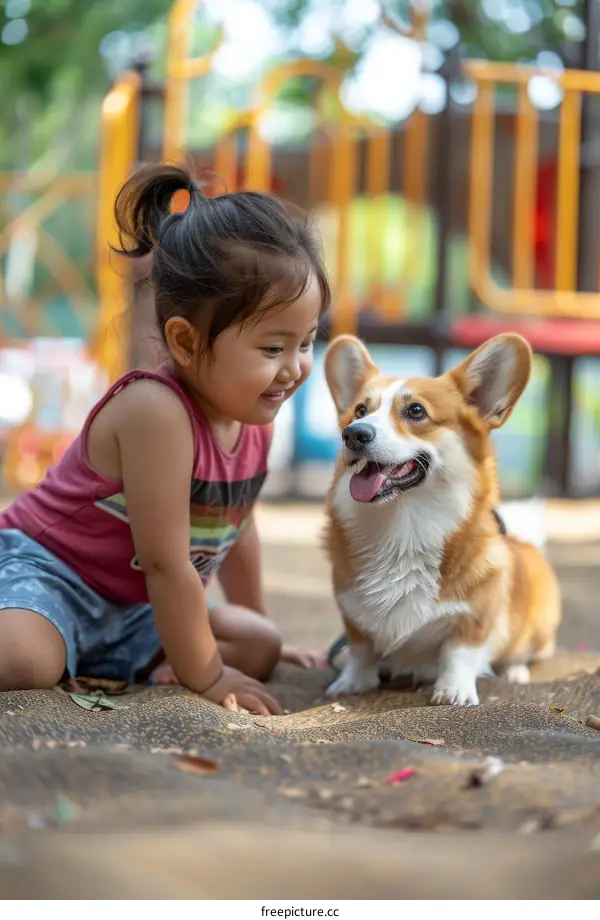 Asian toddler girl playing with a corgi dog in the playground