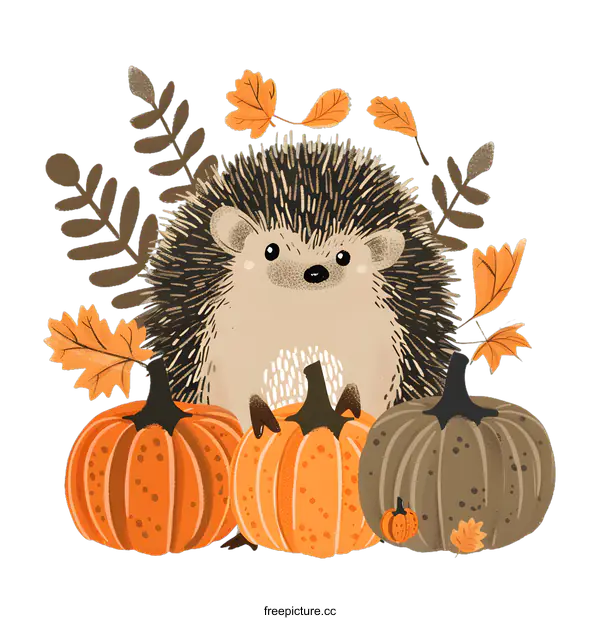 [Transparent Background PNG]Cute Hedgehog with Pumpkins and Autumn Leaves Illustration