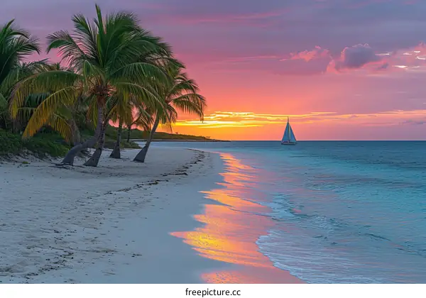 Tropical beach at sunset with palm trees and sailboat on calm sea