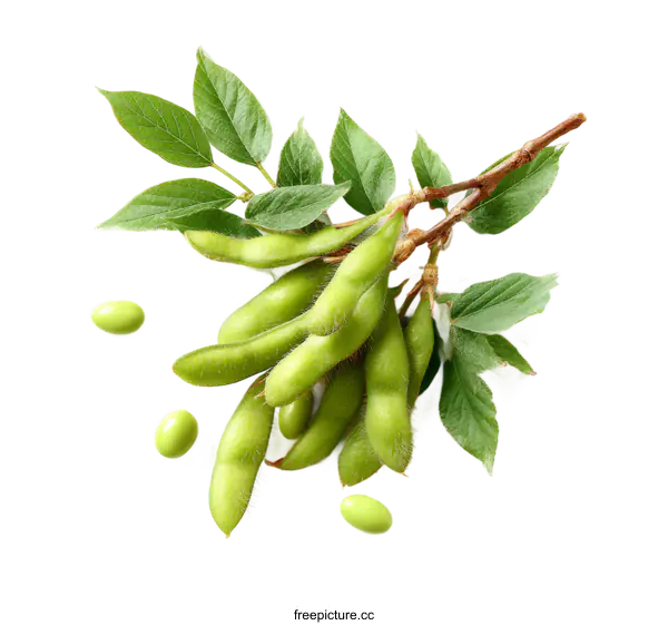 [Transparent Background PNG]Fresh Green Soybeans with Leaves on a White Background