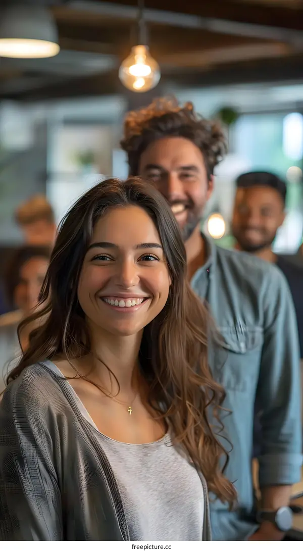 portrait of a smiling young woman with long brown hair in a grey cardigan