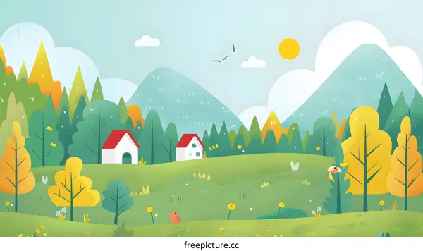 Cartoon Illustration of a Beautiful Green Field with Houses and Mountains