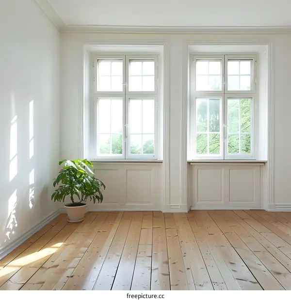 Empty Room with Two Windows and Wooden Floor