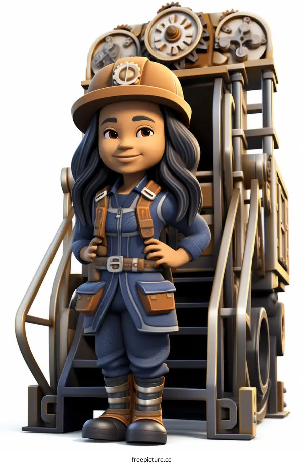 Young Girl Wearing an Orange Hard Hat Stands in Front of a Machine