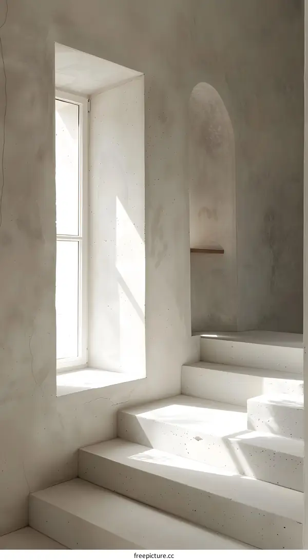 Minimalist Concrete Staircase with Arched Window and Sunlight