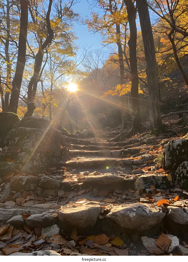 Autumn Sunlight Through The Trees On A Stone Path