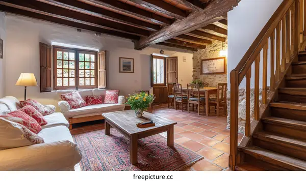 Rustic Living Room with Wooden Beams and  Dining Area