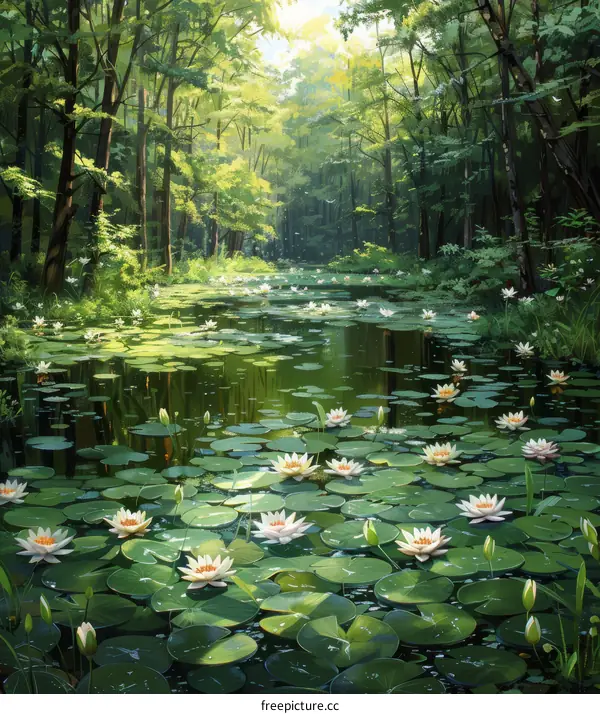 The light shines through the forest and falls on the water of the lake with white lotuses