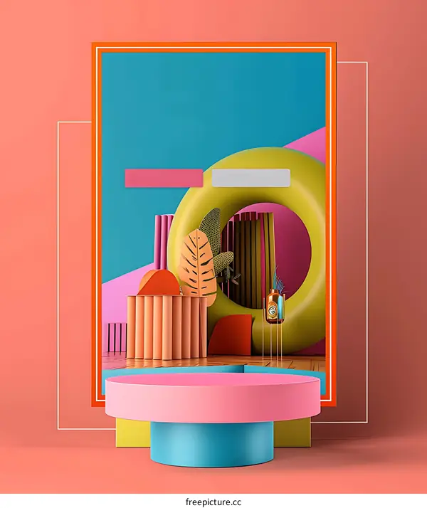 Abstract 3D Colorful Shapes and Palm Leaf Design