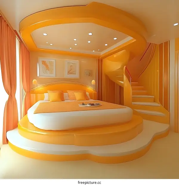 Modern Interior Design with Circular Bed and Curved Staircase