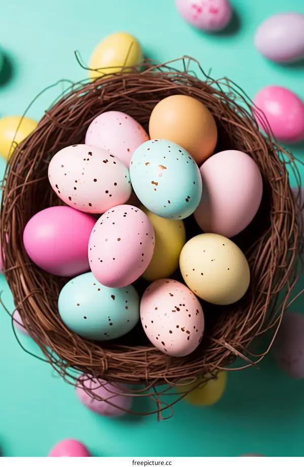 A variety of colorful Easter eggs in a nest on a blue background