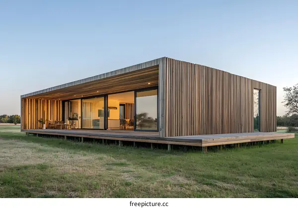 Modern Wooden House with Large Windows in Field
