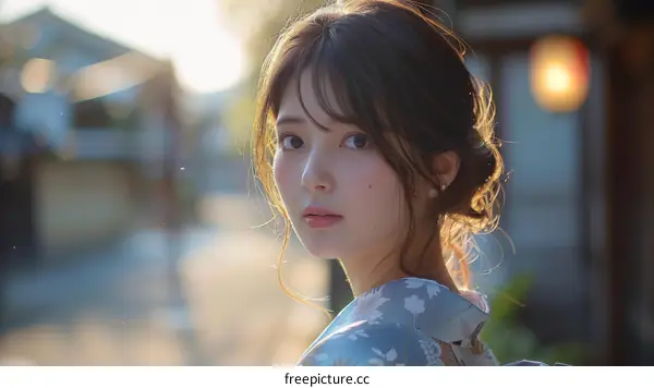 Asian Woman in Traditional Japanese Kimono Portrait