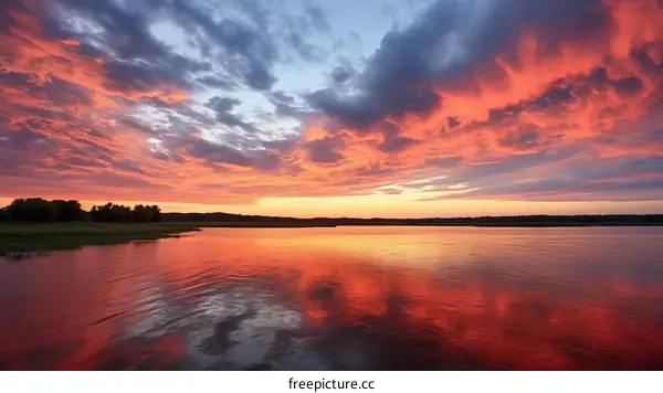A vivid sunset sky over a calm lake